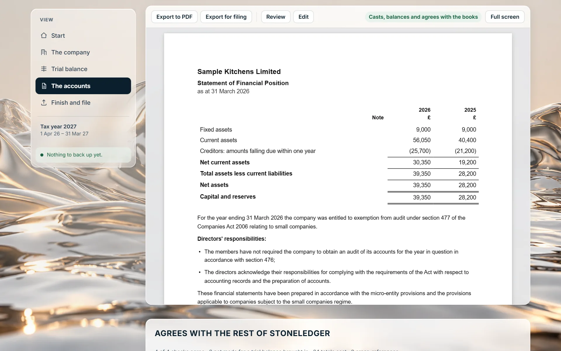 The balance sheet, checked against the ledger: Stoneledger Accounts Filing, showing a sample company with made-up figures
