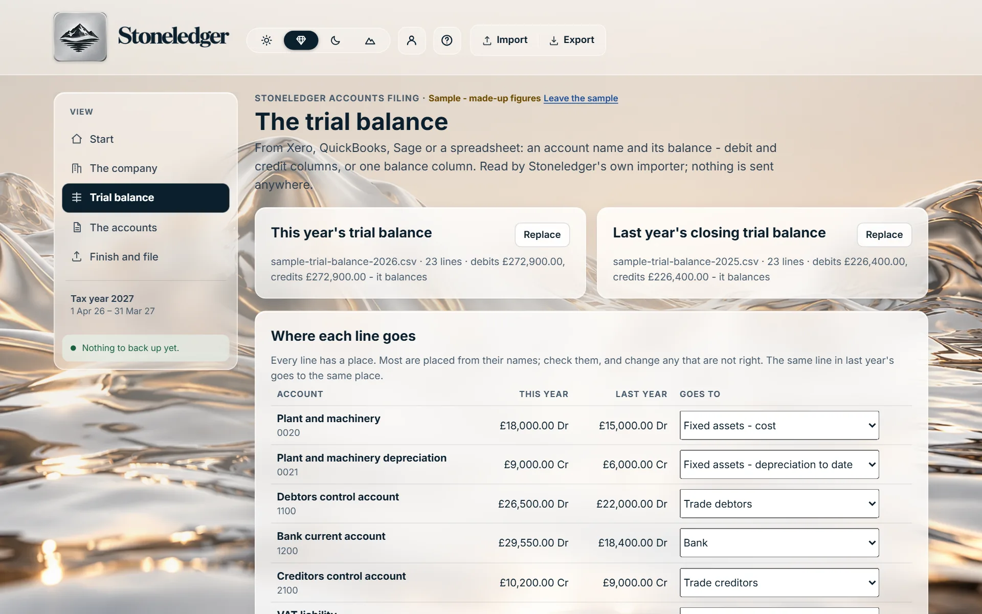 Each line of the trial balance, in its place: Stoneledger Accounts Filing, showing a sample company with made-up figures