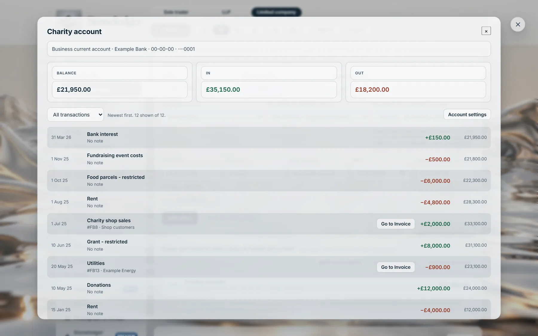 The charity's bank account: every donation, grant and payment: a Stoneledger screen, showing a small food bank CIO with made-up figures