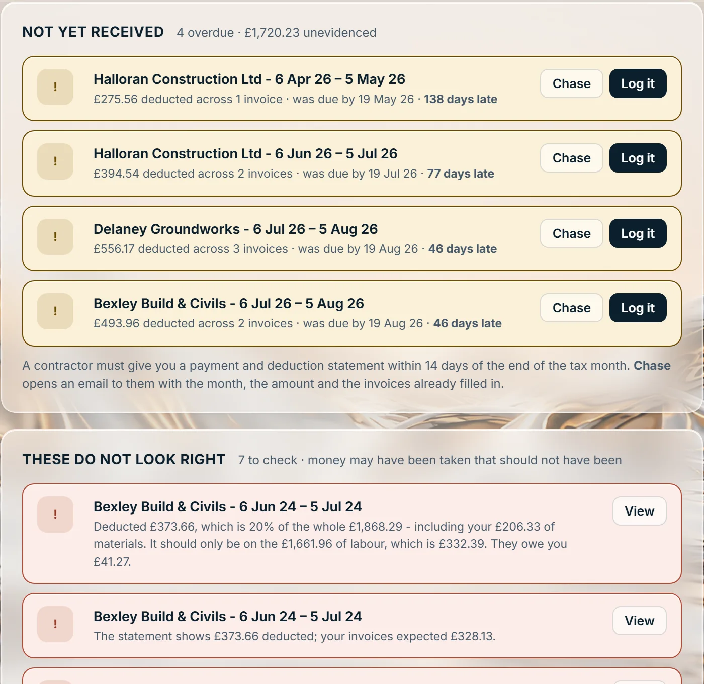 Statements not yet received, and not right: a Stoneledger screen, showing the sole trader sample book