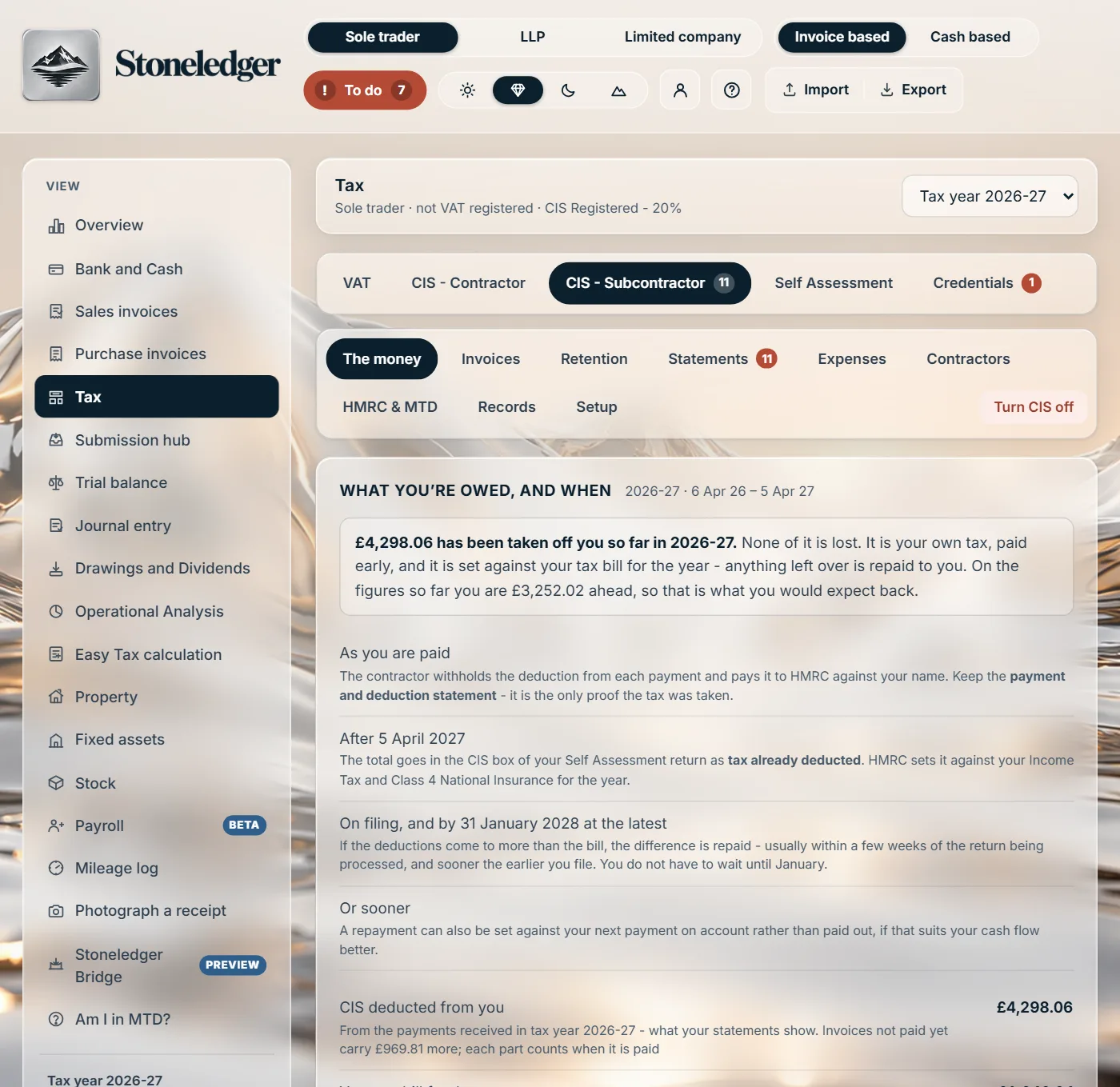 Stoneledger's Tax screen open on CIS - Subcontractor, showing the sole trader sample book