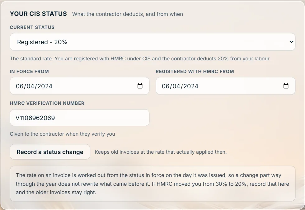 Your CIS status: registered at 20%, the date it took effect, the verification number, and recording a status change