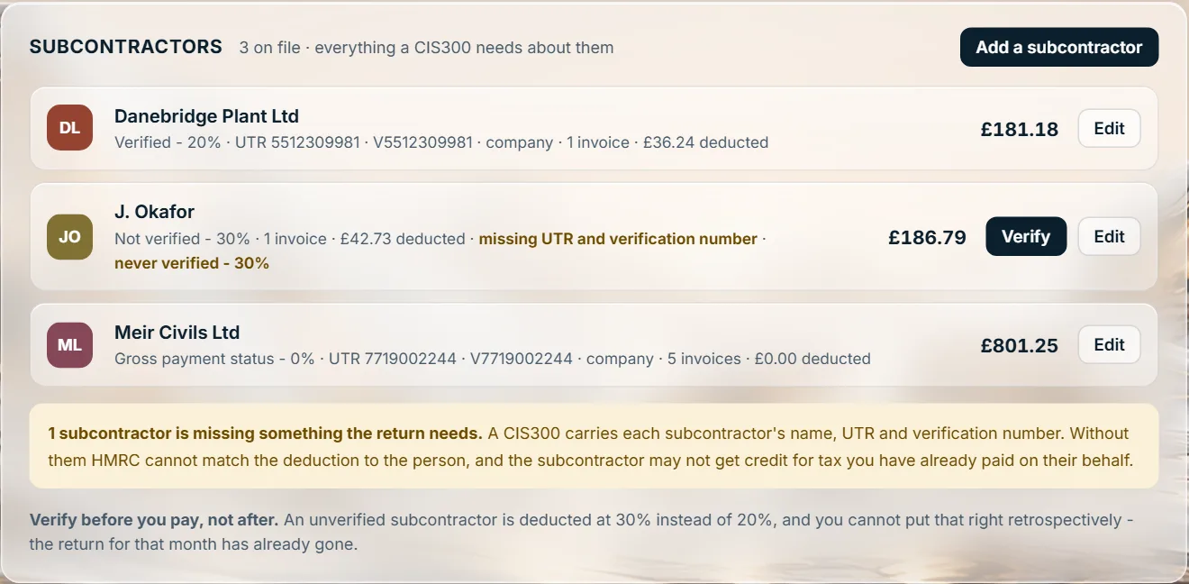 Stoneledger's subcontractor list: three subcontractors at gross, 20% and 30%, one flagged as missing a UTR and verification number
