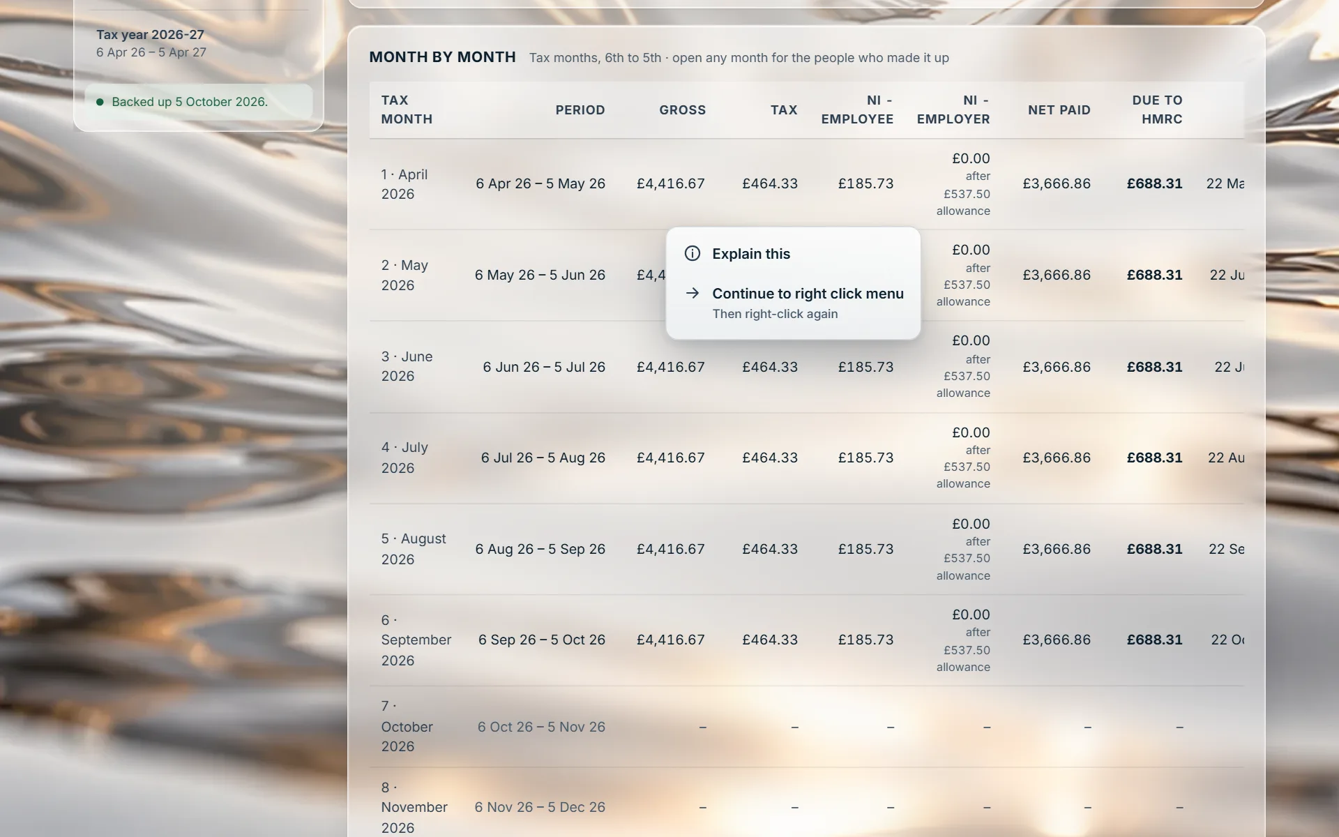 A right-click on a month of the payroll: the menu with Explain this and Continue to right click menu