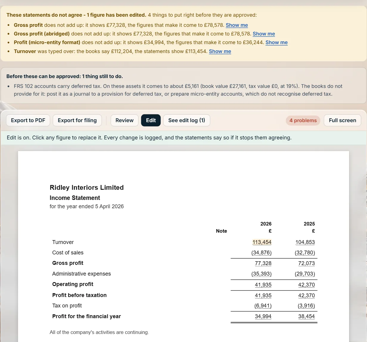 An edited turnover figure: the notice that the statements no longer agree, and See edit log