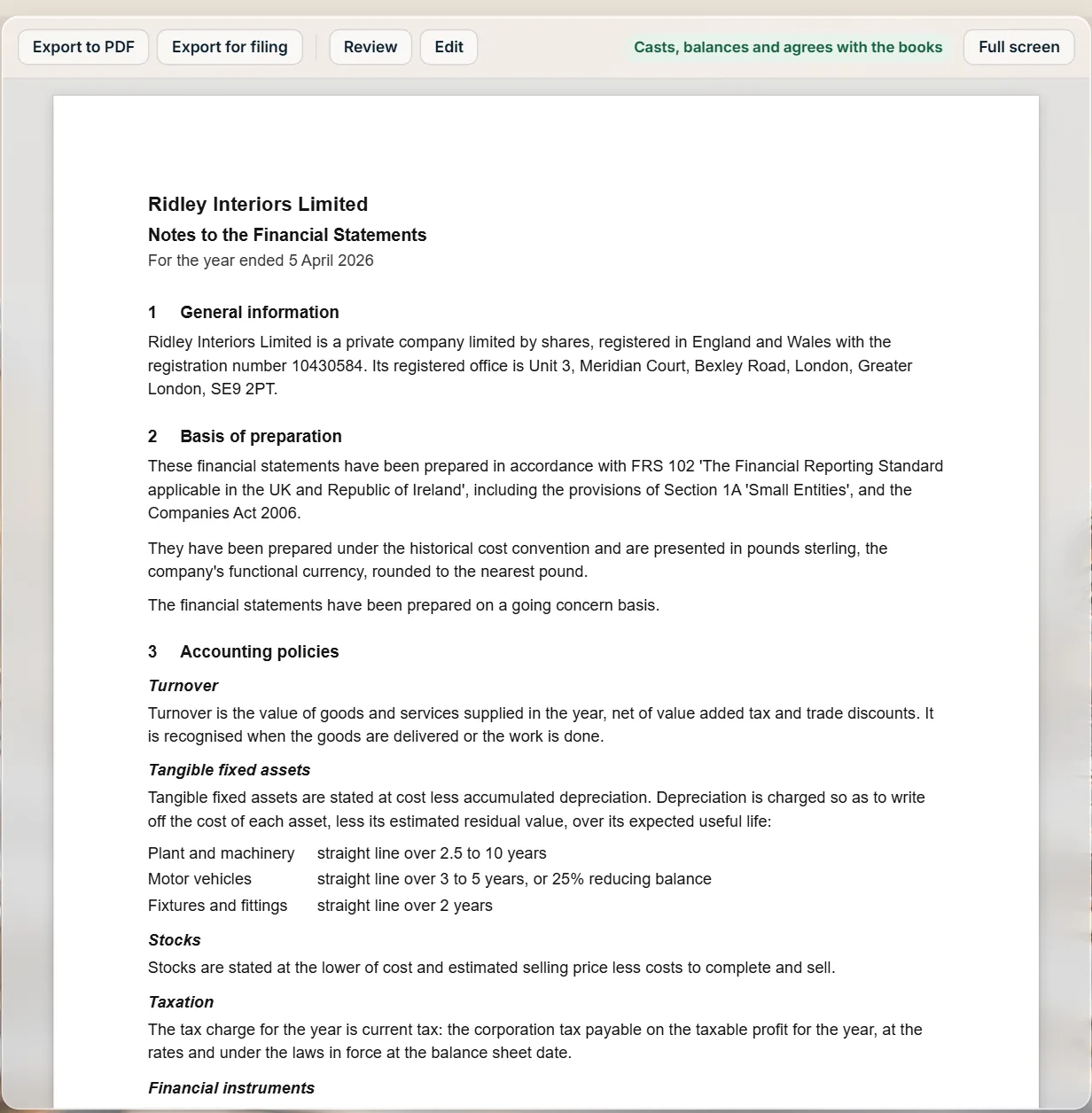 The notes to the financial statements: tangible fixed assets class by class