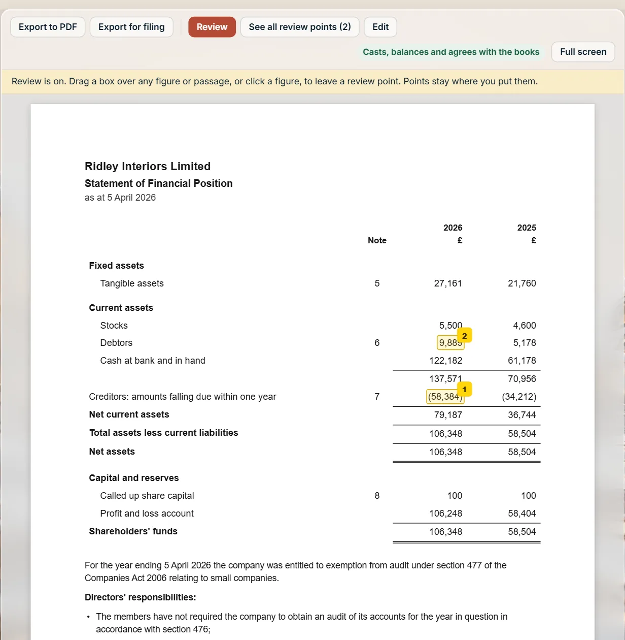 Review mode on the balance sheet: two review points pinned to their figures