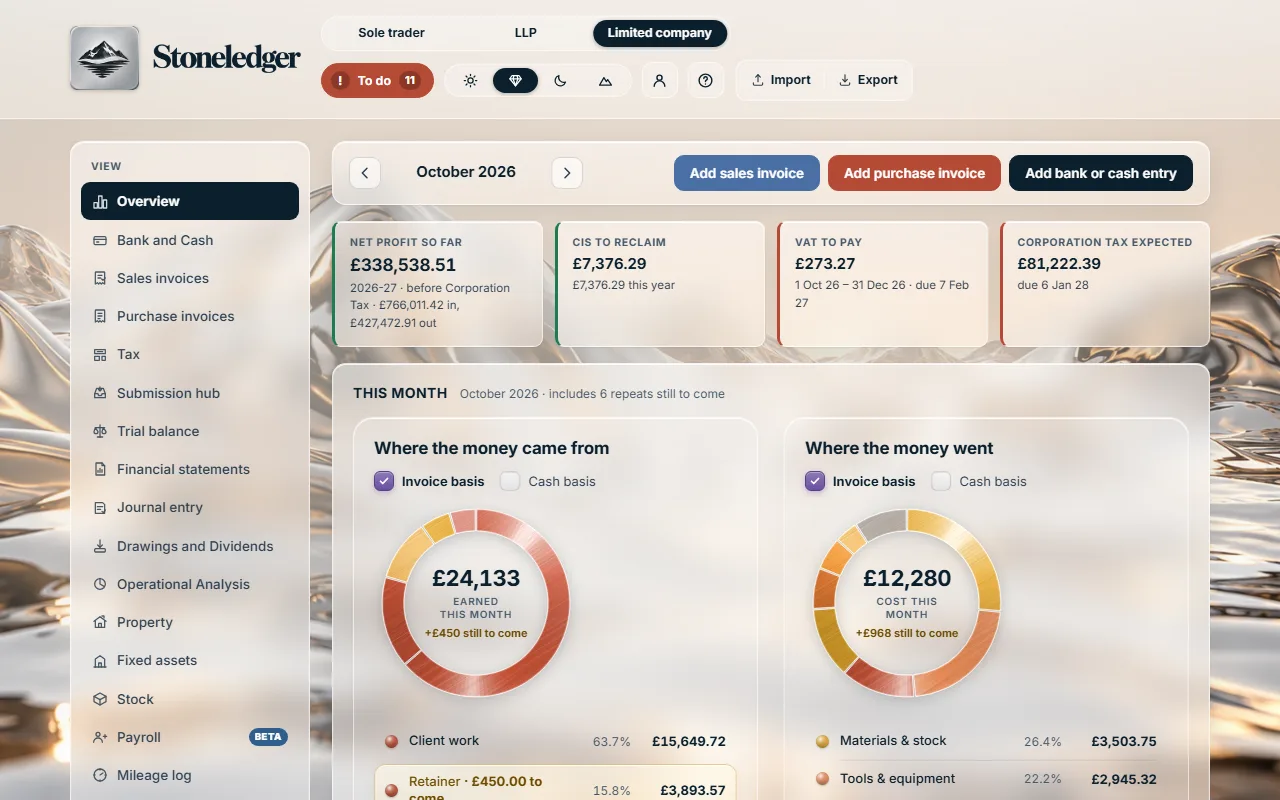 Stoneledger's Overview screen for a busy limited company, with the business set up