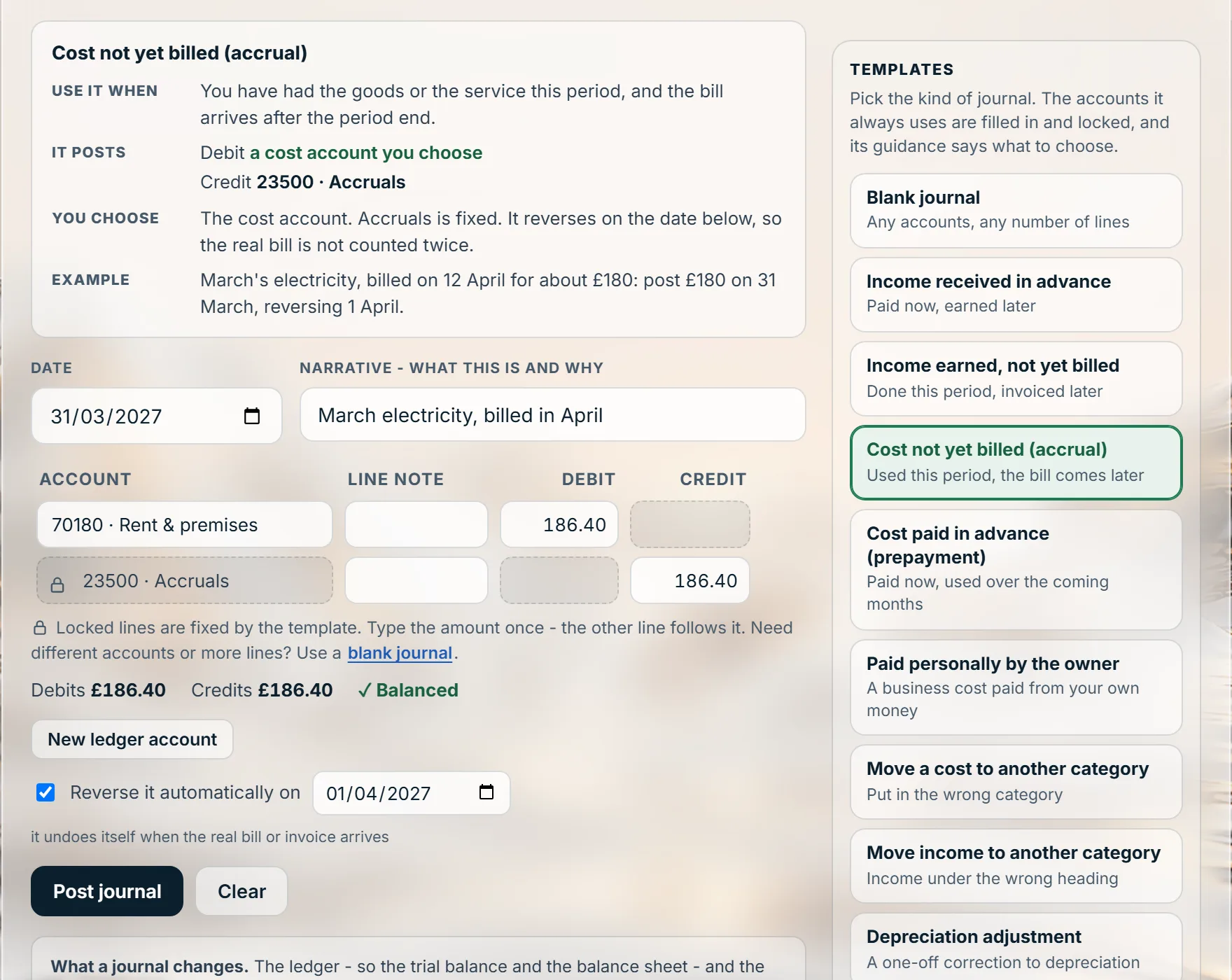 An accrual journal for £186.40 of electricity, reversing automatically on 1 April