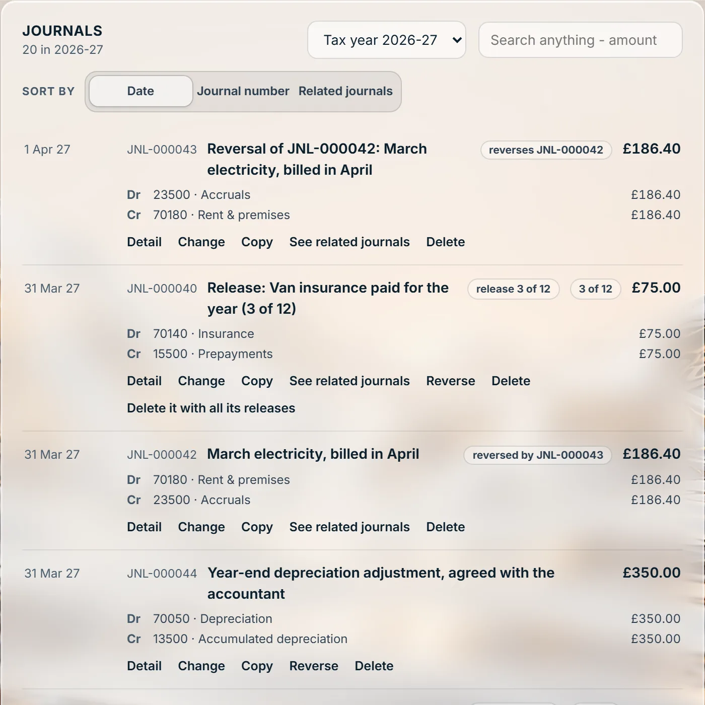 Stoneledger's list of journals: a reversal, prepayment releases, an accrual and a depreciation adjustment