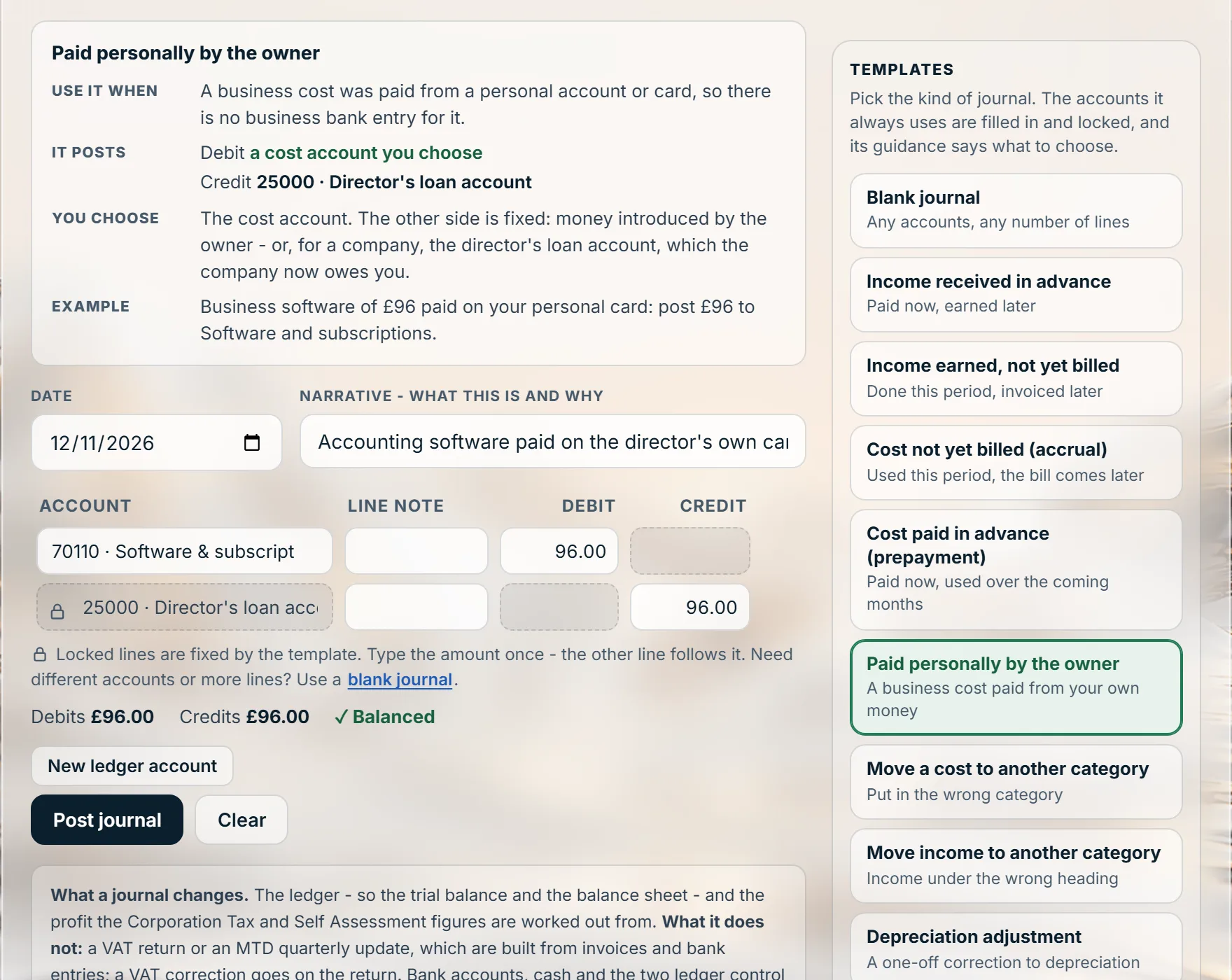 A Paid personally journal: £96 of software, with the director's loan account filled in and locked