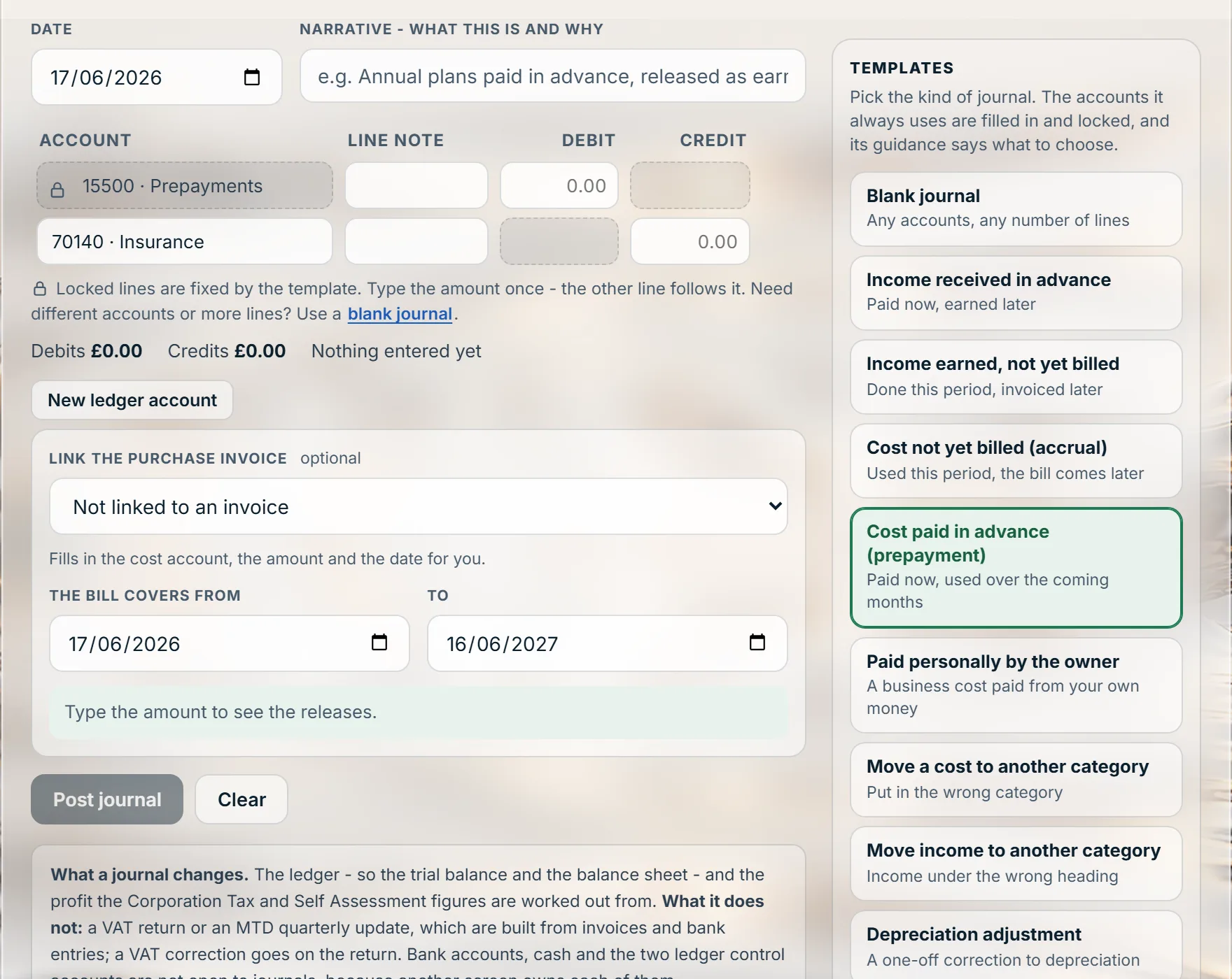 A prepayment journal linked to an insurance invoice: moved to Prepayments and released at each month end over the year it covers