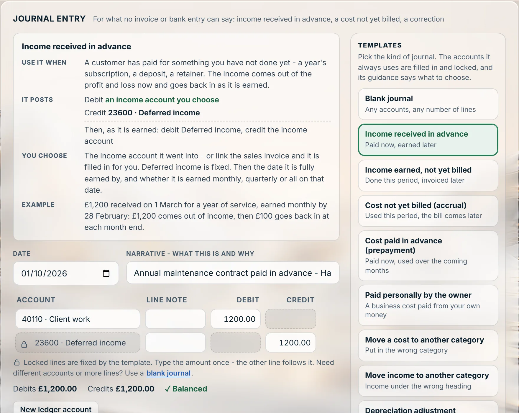 Stoneledger's journal templates, with Income received in advance picked and its guidance showing