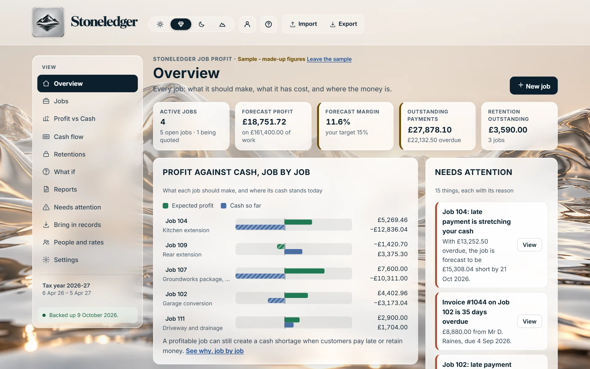 Every job, and where the money is: Stoneledger Job Profit, showing a sample building firm with seven jobs and made-up figures