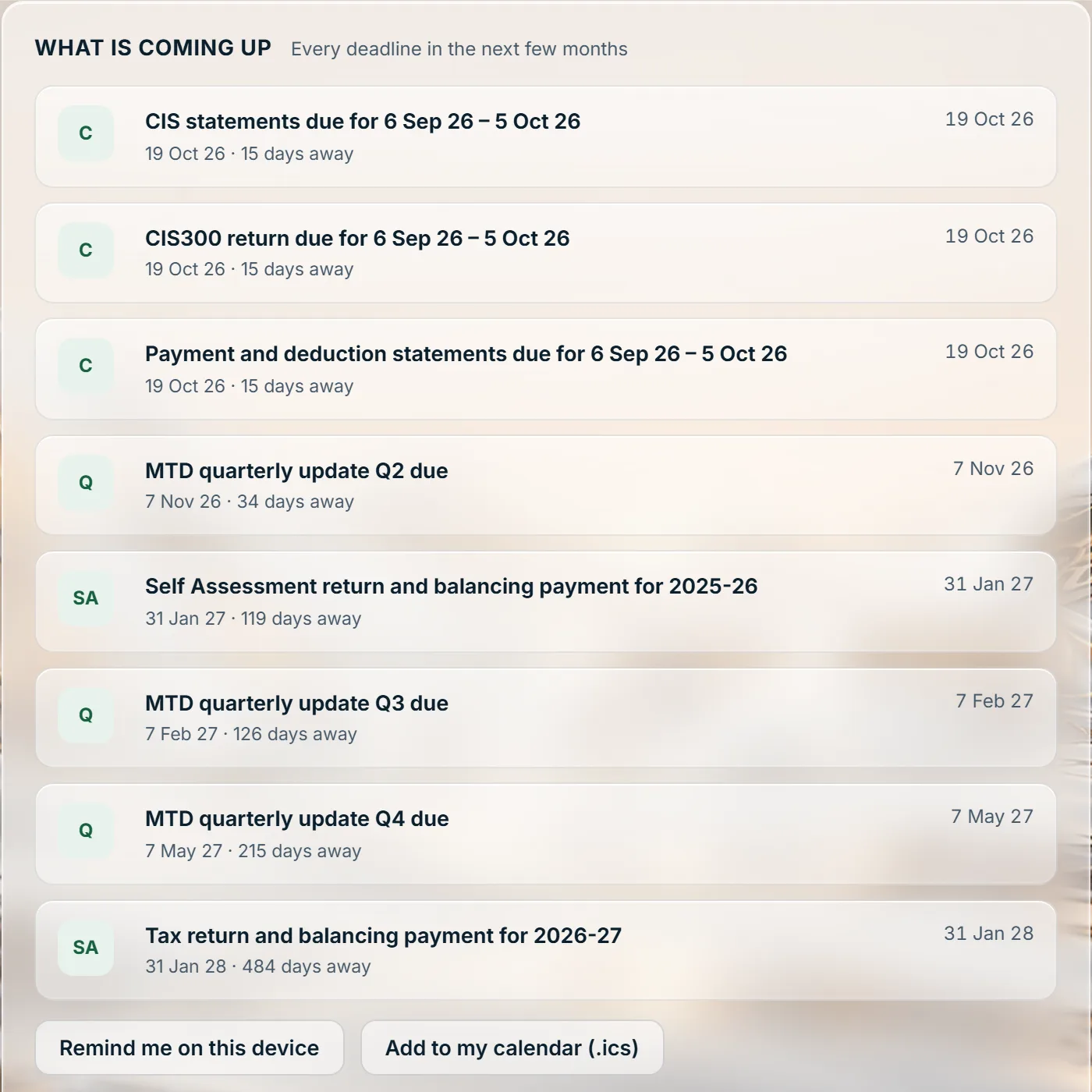 Every deadline coming up: a Stoneledger screen, showing the sole trader sample book