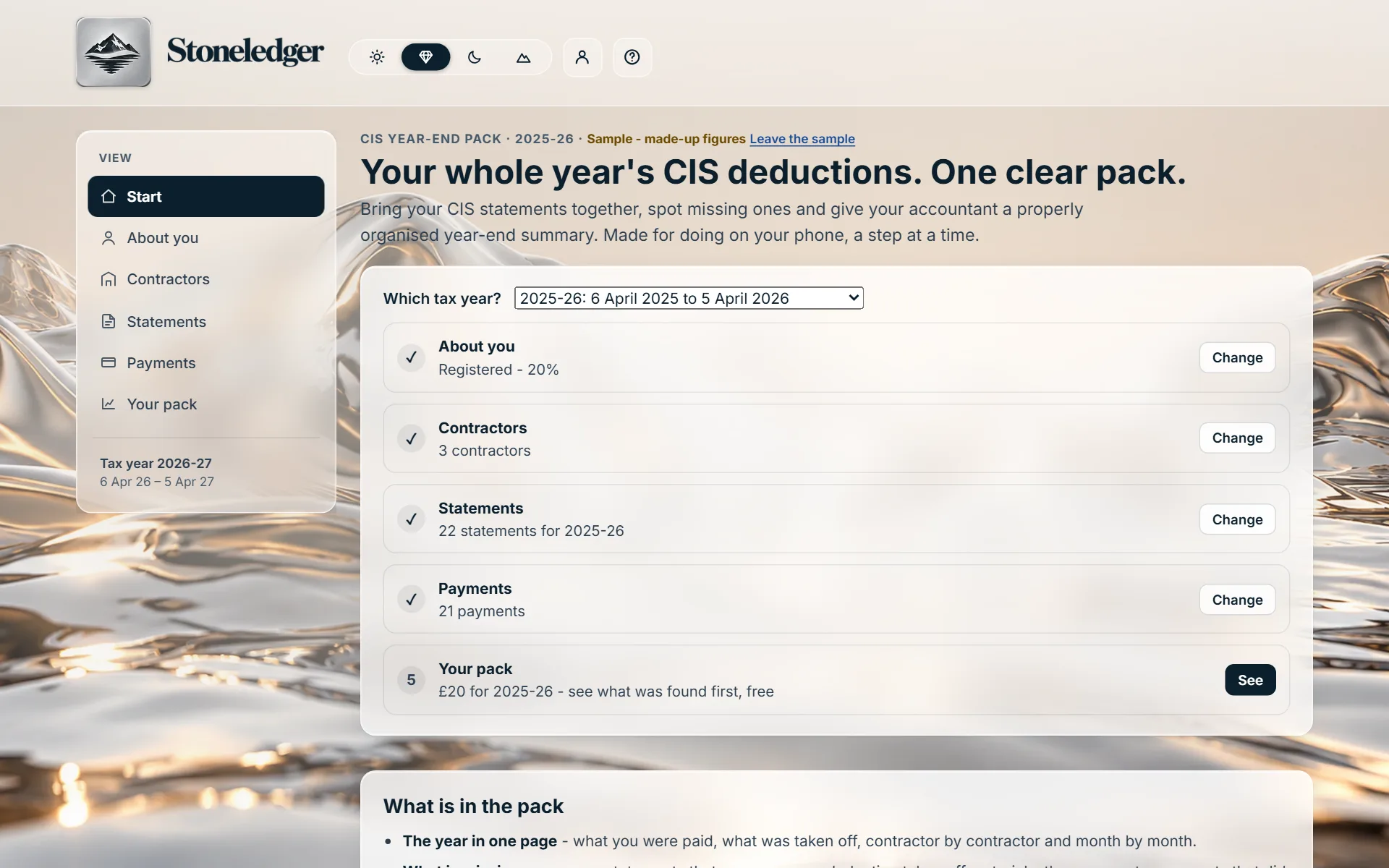 Five short steps, made for a phone: the CIS Year-End Pack, showing a sample of a plasterer and three contractors with made-up figures