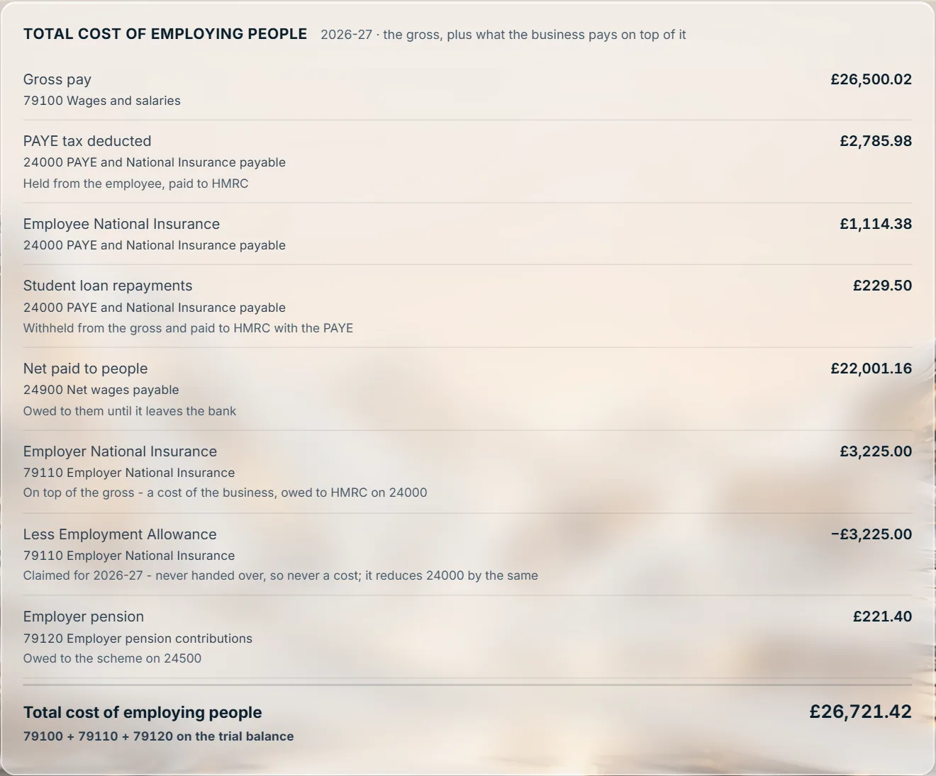 Stoneledger's payroll cost: the gross pay, plus what the business pays on top