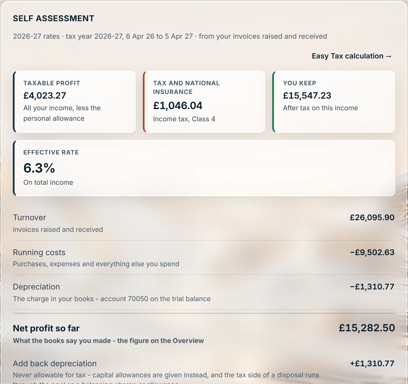 Self Assessment, from the books: a Stoneledger screen, showing the sole trader sample book